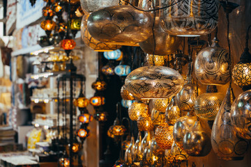 Istanbul, Turkey - 04/16/2019 Various old lamps on the Grand Bazaar in Istanbul