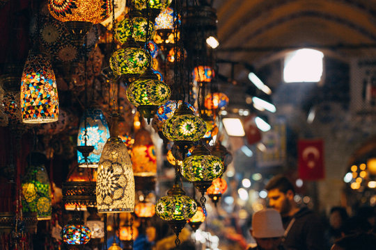 Istanbul, Turkey - 04/16/2019 Various old lamps on the Grand Bazaar in Istanbul