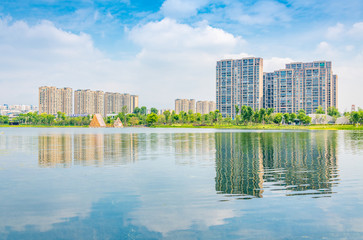 Fototapeta premium Architectural scenery around Jincheng Lake Park in Chengdu, Sichuan Province, China