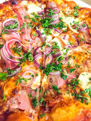 Obraz na płótnie Canvas Delicious hot pizza with jamon, mozzarella