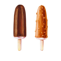 Set of two cool chocolate vanilla ice creams. Watercolor painting. Food background. Hand drawn sweets illustration. Summer cold desserts. Painted backdrop. Sketch drawings.