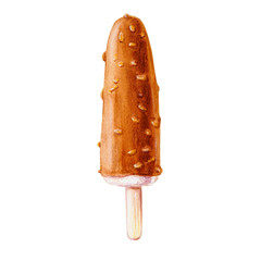 One cool chocolate vanilla ice cream. Dairy dessert.  Watercolor painting. Food background. Hand drawn sweets illustration. Summer cold desserts. Painted backdrop. Sketch drawings.