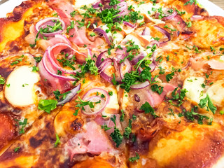 Obraz na płótnie Canvas Delicious hot pizza with jamon, mozzarella