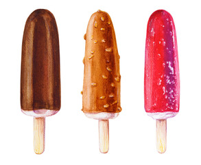 Set of three cool colorful vanilla ice creams. Watercolor painting. Food background. Hand drawn sweets illustration. Summer cold desserts. Painted backdrop. Sketch drawings.