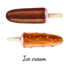 Set of two cool chocolate vanilla ice creams. Watercolor painting. Food background. Hand drawn sweets illustration. Summer cold desserts. Painted backdrop. Sketch drawings.