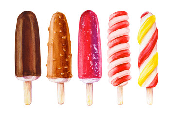 Set of five colorful vanilla ice creams. Dairy desserts. Watercolor painting. Food background. Hand drawn sweets illustration. Summer cold desserts. Painted backdrop. Sketch drawings.