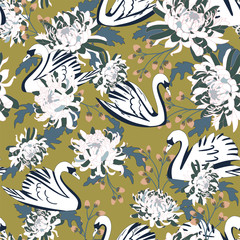 Seamless pattern with geometric silhouettes of swans and chrysanthemums.