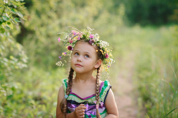  little girl in a wreath of wild flowers in summer