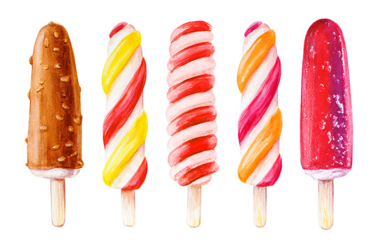 Set of five colorful vanilla ice creams. Dairy desserts. Watercolor painting. Food background. Hand drawn sweets illustration. Summer cold desserts. Painted backdrop. Sketch drawings.