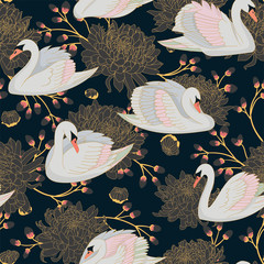 Beautiful seamless natural pattern with pastel color swans and beautiful big chrysanthemums. © taisiyakozorez