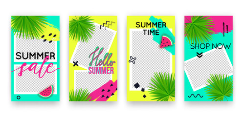 Vector trendy tropic editable set of templates for social media networks stories. Modern summer design backgrounds with watermelon and palm leaves for flyers, cards, posters, promotion