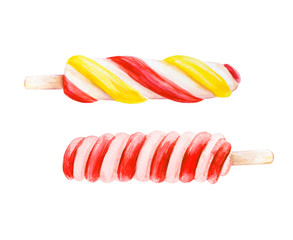 Set of two colorful ice creams from frozen fruit and berry juice. Watercolor painting. Food background. Hand drawn sweets illustration. Summer cold desserts. Painted backdrop. Sketch drawings.