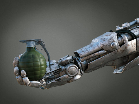 3D rendering of robot hand holding grenade.