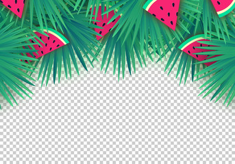 Vector Summer palm leaves with watermelon slices on transparent background. Trendy tropical frame - obrazy, fototapety, plakaty