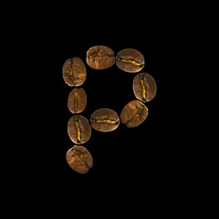 Coffee font alphabet concept isolated on white background. Top view Alphabet made of roasted coffee beans. Letter P