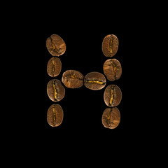 Coffee font alphabet concept isolated on white background. Top view Alphabet made of roasted coffee beans. Letter H