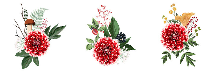 Autumn composition set. Beautiful flowers, herbs and mushrooms. © Iuliia