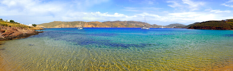 panoramic view of Fokos beach, north of Mykonos, Cyclades island in the heart of the Aegean Sea