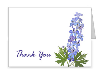 Horizontal card with a blue delphinium flower