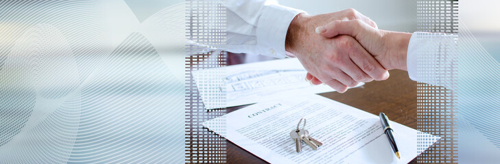 Estate agent shaking hands with his customer (Lorem Ipsum Text); panoramic banner