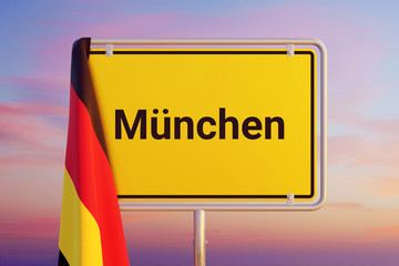 München. Gelbes Schild/Ortsschild. Flagge von Deutschland hängt darüber. Himmel mit Sonnenuntergang oder Sonnenaufgang
