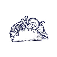 Set of hand-drawn fast food. Background with food for menu and advertising or packaging. Sketch. Vector design