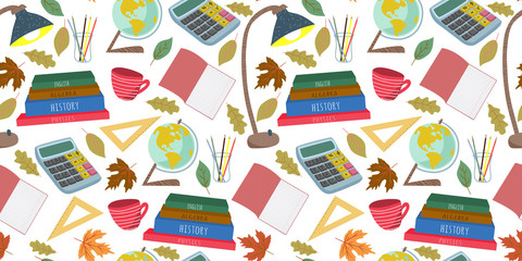 Back to school. Flat vector horizontal seamless pattern, freehand with stationery, books and other on a white background