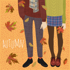 Hello, Autumn. Vector flat illustration of a couple of teenagers and falling autumn leaves. Legs in boots for banners, cards and other