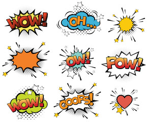 Set of vector pop art signs and comic cartoon bubbles and elements with halftone shadows