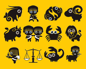12 Zodiac. Capricorn Aquarius Pisces Aries Taurus Gemini Cancer Leo Virgo Libra Scorpio Sagittarius vector illustration isolated cartoon hand drawn silhouette