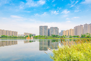 Architectural scenery around Jincheng Lake Park in Chengdu, Sichuan Province, China