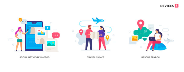Fototapeta premium People use smartphones, leisure tourism, flights, social networks set of icons, illustration. Smartphones tablets user interface social media.Flat illustration Icons infographics. Landing page site