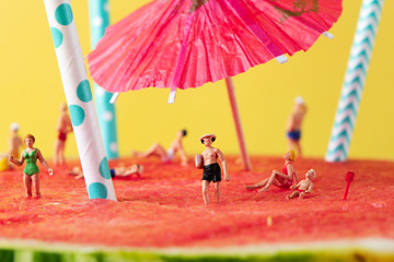 miniature people in swimsuit on a watermelon