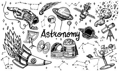 Astronomy background in vintage style. Space and cosmonaut, moon and spaceships, meteorite and stars, planets and observatory. Hand drawn in retro doodle style. © artbalitskiy