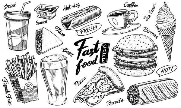 Fast food, burger and hamburger, tacos and hot dog, burrito and beer, drink and ice cream. Vintage Sketch for restaurant menu. Hand drawn in retro style.