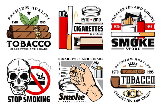 Tobacco cigarettes, cigar, lighter, ashtray, skull