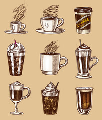 Set of cups of coffee in vintage style. Take away Cappuccino and Glace, espresso and latte, mocha and Americano, frappe in a glass. Hand drawn engraved retro sketch.