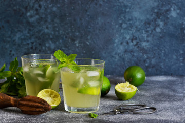 Summer cold drink - mahito with lime and mint on a concrete dark background.