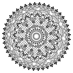 Mandala lace vector pattern, vintage round design with flowers and swirls in black on white background