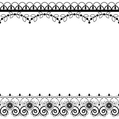 Lace pattern vector greeting card or wedding or birthday party invitation, ornamental repetitive design with flowers and swirls in black