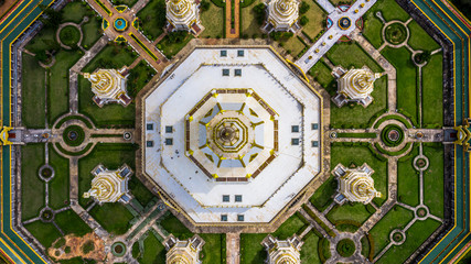 Fototapeta na wymiar Aerial view Phra Maha Chedi Chai Mongkol or Phanamtip temple, Roi Et, Thailand.