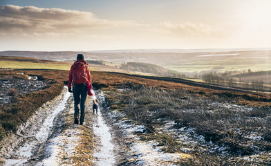 A hiker walking in the early morning sun and frost covered ground of Blanchland Common in the North of England. - obrazy, fototapety, plakaty