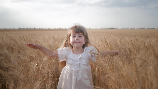 happy childhood, little merry smiling child girl runs and touch riped fair wheat spikelets in the grain harvest field