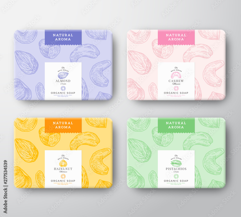 Canvas Prints almond, cashew, hazelnut and pistachio soap cardboard boxes set. abstract vector wrapped paper conta