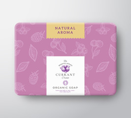 Currant Bath Soap Cardboard Box. Abstract Vector Wrapped Paper Container with Label Cover. Packaging Design. Modern Typography and Hand Drawn Berries Background Pattern Layout.
