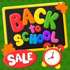Back to school. First day of school. Sale.  Colorful title and elements in green background. Vector illustration. 