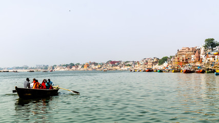 A view of historic Varanasi ghats, ancient temples and buildings along the river Ganges