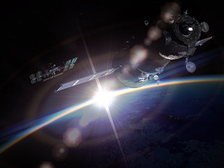 Fototapeta na wymiar Space maneuver at the Earth orbit