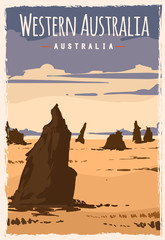Western Australia retro poster travel illustration. States of Australia greeting card. Nambung national Park.