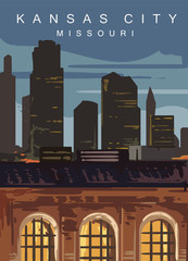 Kansas City modern vector poster. Missouri, landscape illustration.